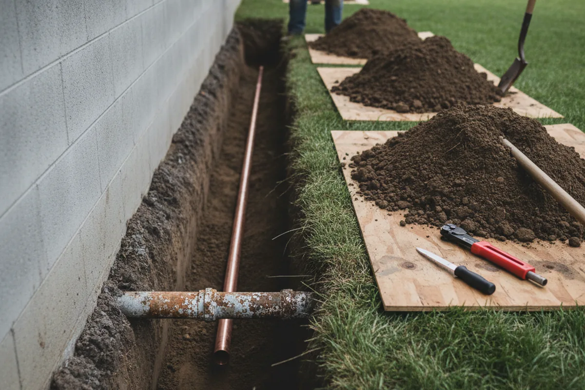 Excavated water line trench during Sewer Line Repair in Velma